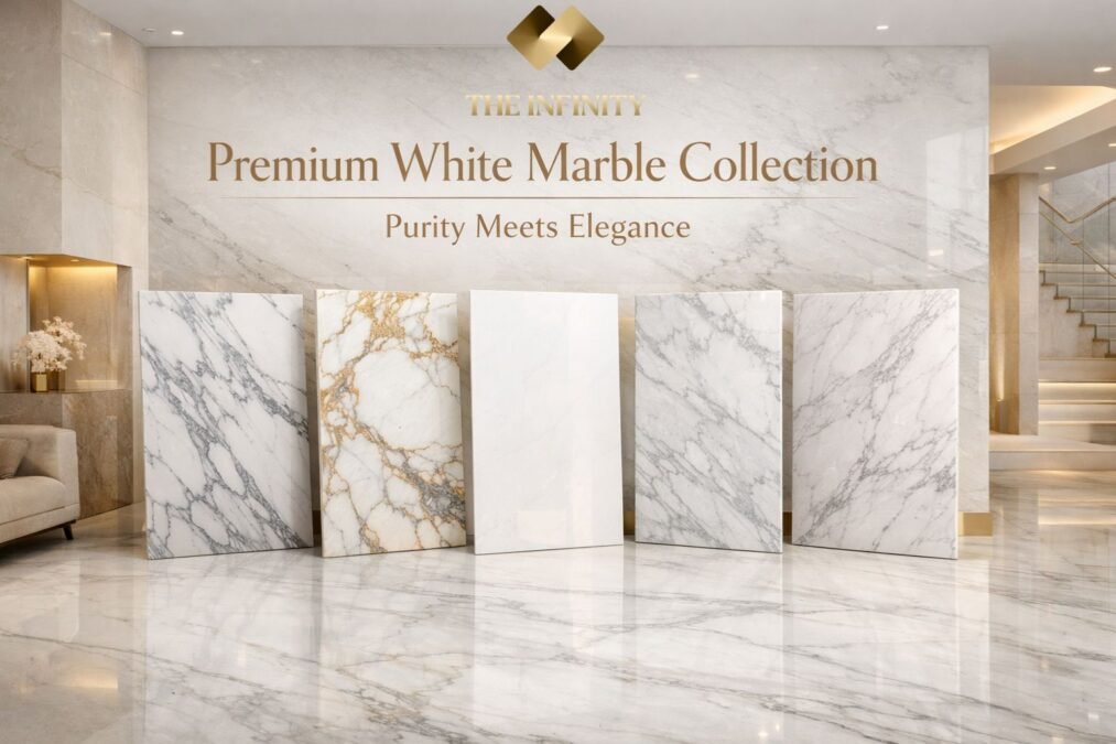 “Create a premium, ultra-luxury blog banner for a marble brand titled ‘Premium White Marble Collection – Purity Meets Elegance’. Showcase a modern, high-end interior space featuring polished white marble flooring and walls. Include elegant marble slabs of Statuario, Calacatta Gold, Thassos White, Italian Carrara, and Volakas marble displayed artistically. Use soft natural lighting, white and beige tones, subtle grey veining, and minimal golden accents. The setting should feel sophisticated, spacious, and luxurious. Add a clean, professional text overlay area for the title. Style should be hyper-realistic, architectural photography quality, suitable for a premium marble company in Kishangarh, Rajasthan, India. Emphasize purity, elegance, and timeless luxury.”