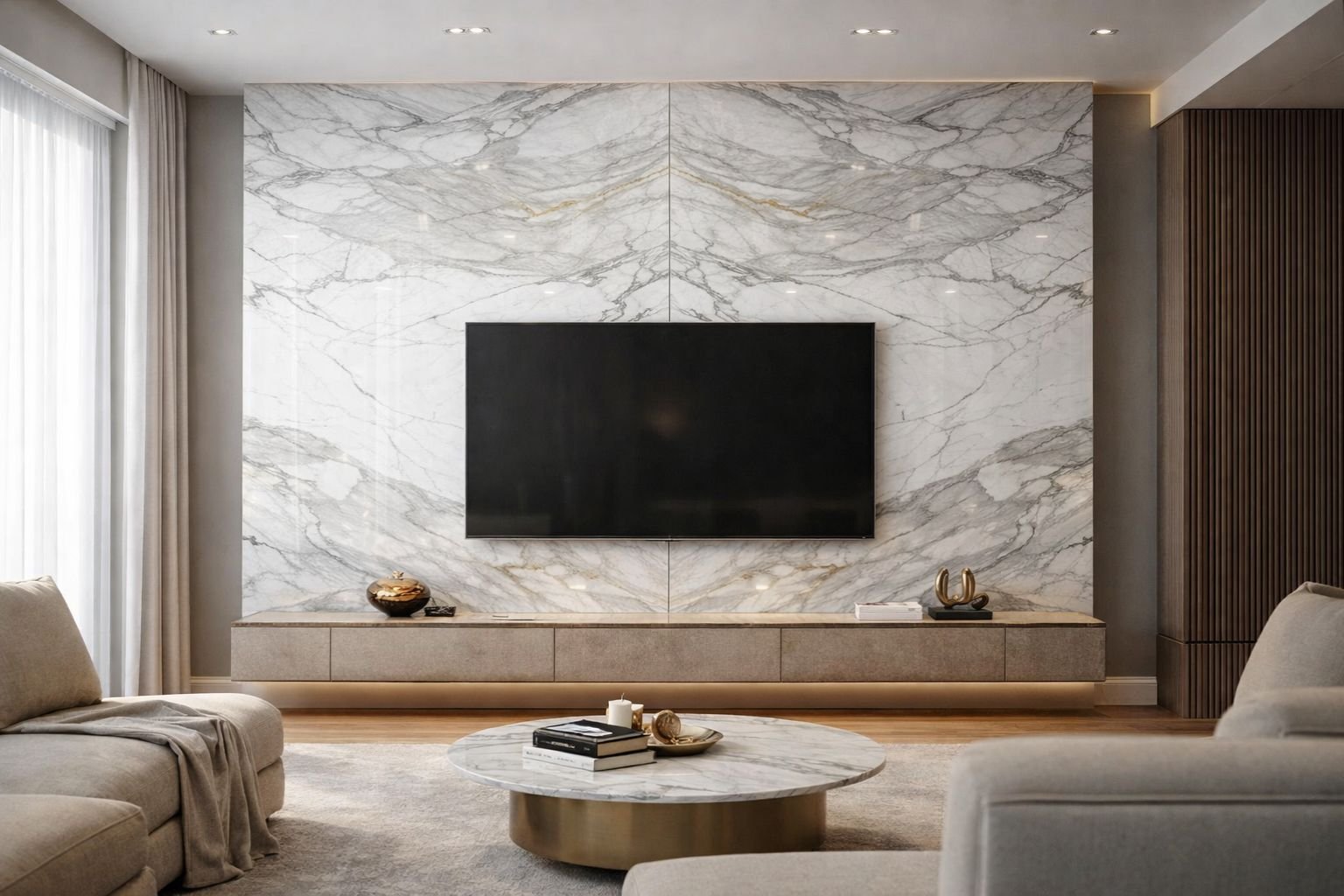 Elegant Marble Walls That Enhance Living Room Design calacatta gold marble