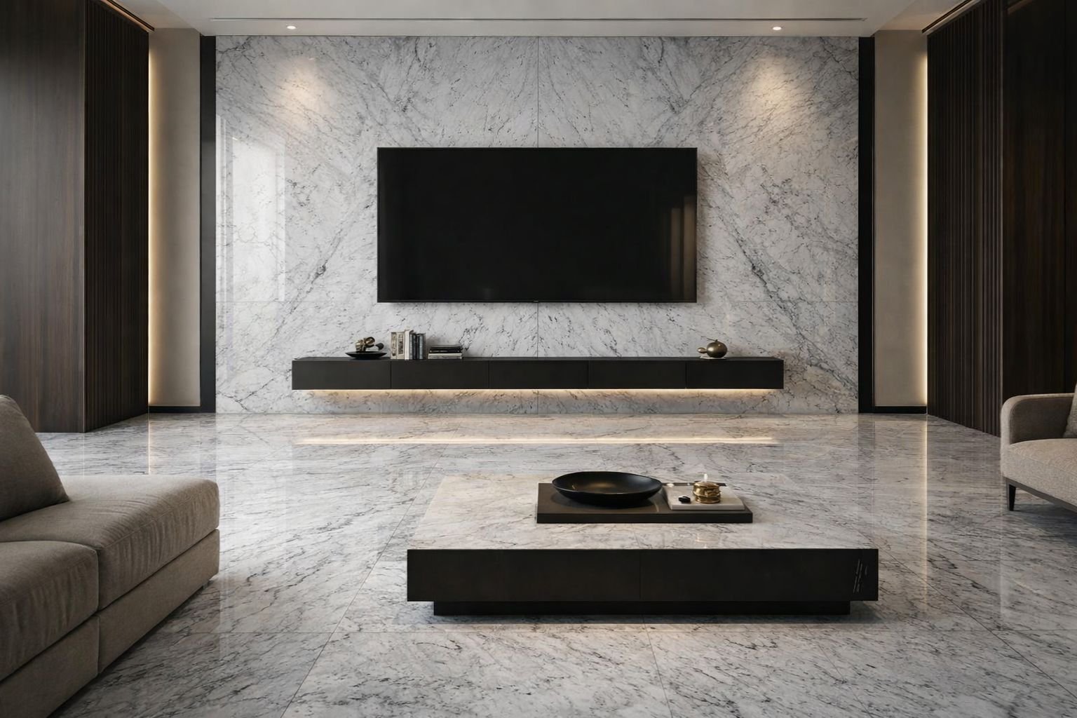 Elegant Marble Walls That Enhance Living Room Design carrara marble