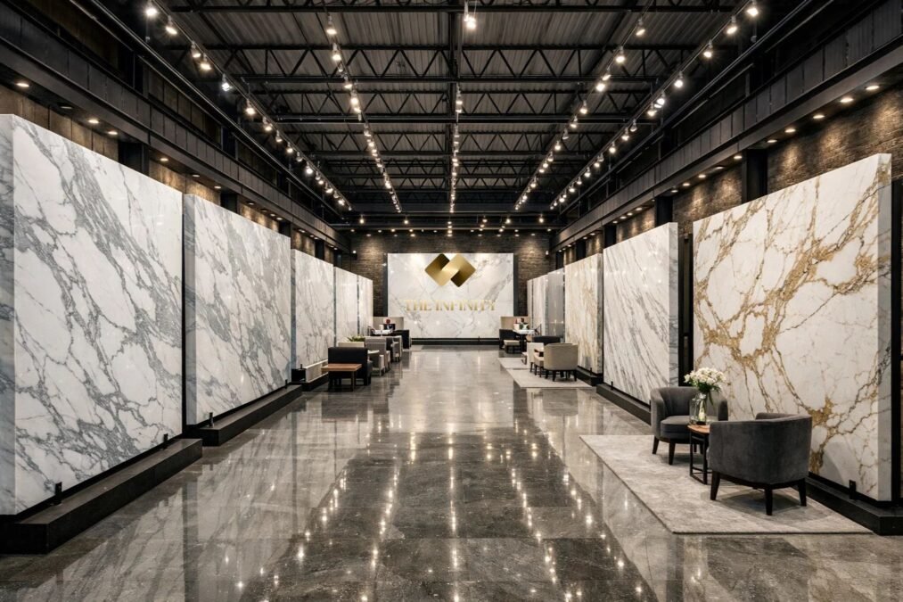 Premium marble showroom in Kishangarh displaying imported marble slabs (Statuario, Volakas, Thassos, Calacatta), विशाल warehouse style gallery, polished marble panels, luxury ambiance, professional lighting, high-end stone selection area, ultra realistic, 8K, architectural interior photography