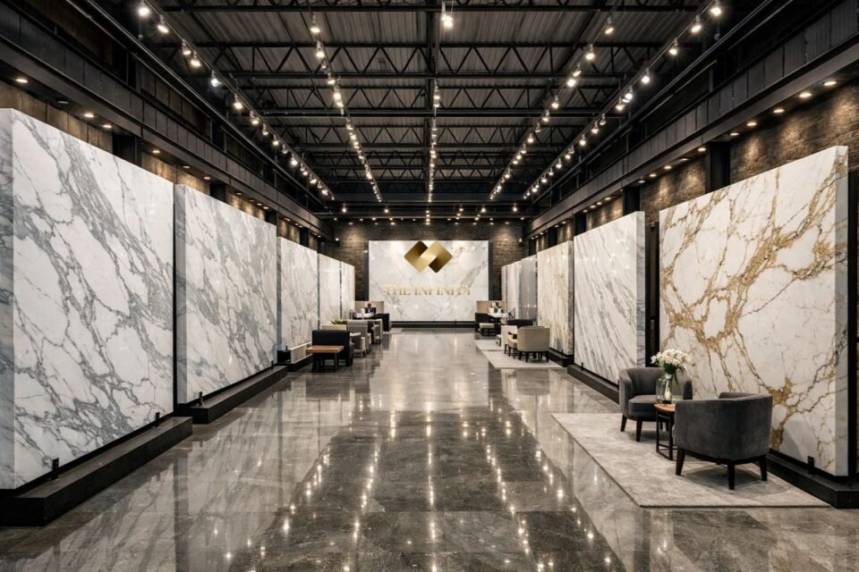 Premium marble showroom in Kishangarh displaying imported marble slabs (Statuario, Volakas, Thassos, Calacatta), विशाल warehouse style gallery, polished marble panels, luxury ambiance, professional lighting, high-end stone selection area, ultra realistic, 8K, architectural interior photography