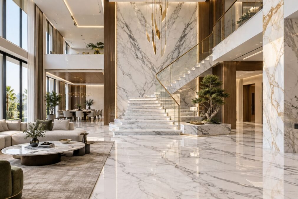 How to Match Natural Marble Across Floors, Walls and Staircases Luxury interior with Statuario marble flooring, coordinated marble walls and an elegant marble staircase