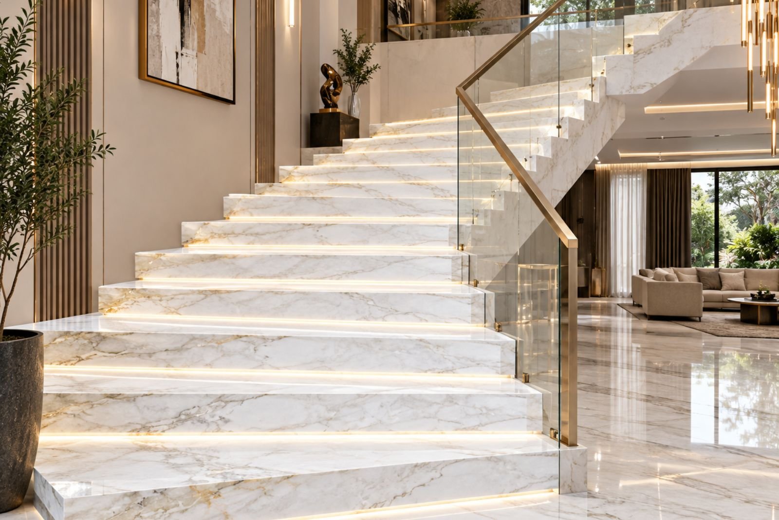 How to Coordinate White Marble Flooring With Staircases and Wall Cladding White Marble Flooring, Staircase & Wall Cladding