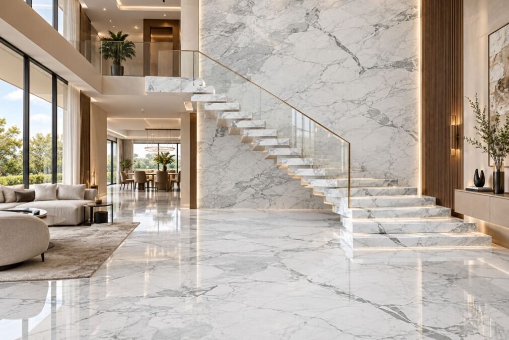 How to Coordinate White Marble Flooring With Staircases and Wall Cladding White Marble Flooring, Staircase & Wall Cladding
